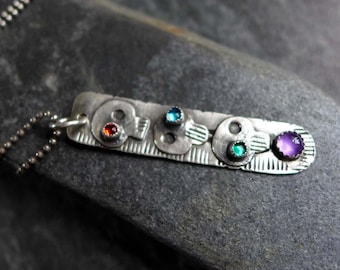 Sterling Silver Skull Pendant Necklace, Three Skull Bar Pendant, Amethyst & Glass Eyes, Gothic Jewelry