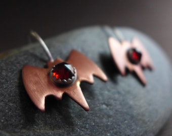 Red Garnet Copper Bat Earrings, Halloween Dangle Jewelry, Rustic Gothic Bat Lover Gift