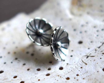 Sterling Silver Flower Stud Earrings, Oxidized Floral Posts
