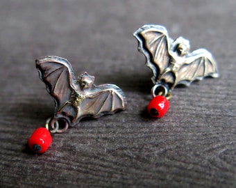Brass Silver Bat Earrings with Drop of Blood, Mixed Metal Small Skull Post Studs, Halloween Bat Lover Jewelry