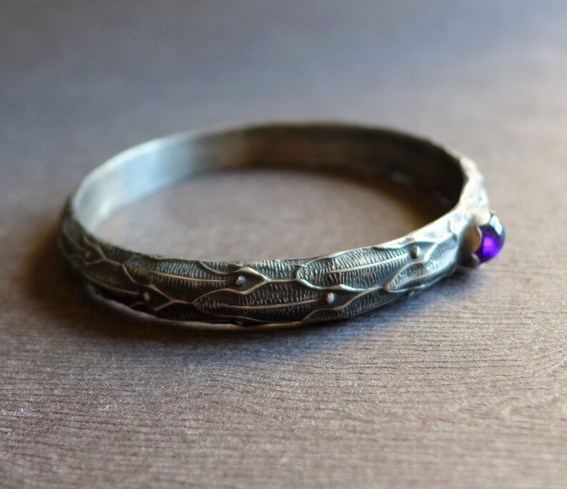 Gothic Sterling Silver Bangle Bracelet, Oxidized Floral Witchy Textured ...