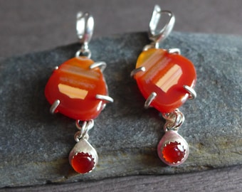 Carnelian Drop Sterling Silver Earrings, Striped Carnelian Orange Gemstone Earrings, Creamsicle Carnelian Earrings, Gift for Her