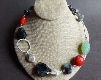 Chunky Boho Statement Artisan Necklace, Green Jade, Red Coral, Black Lava, Rutilated Quartz, Sterling Silver Beads