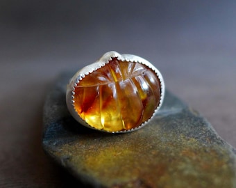 Baltic Amber Pumpkin Ring, Carved Amber Sterling Silver Ring Size 7, Autumn Jewelry, Fall Statement Ring, Pumpkin Jewelry