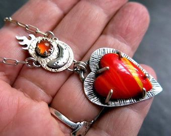 Rosarita Red Orange Yellow Striped Banded Heart Pendant Flame Necklace, Carnelian, Sterling Silver, Mixed Metal
