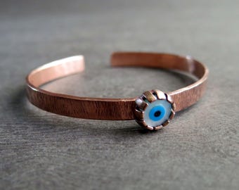 Textured Copper Turkish Evil Eye Cuff, Unisex Protection Bracelet