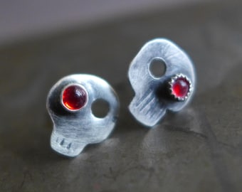Tiny Sterling Silver Skull Stud Earrings, Red Glass Eyes, Skeleton Jewelry