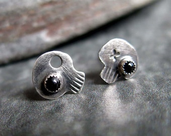 Tiny Sterling Silver Skull Stud Earrings, Black Glass Eyes, Unisex Posts Skeleton Jewelry