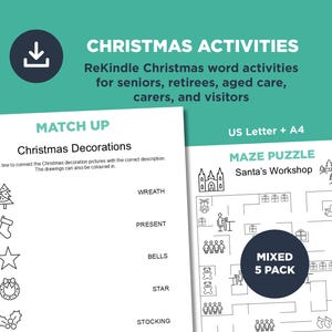 Christmas Activities for Dementia: Word Puzzle, Maze (Digital Download)