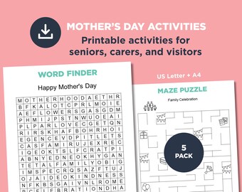 May include: A printable pack of Mother's Day activities for seniors, carers, and visitors. The pack includes a word search puzzle and a maze puzzle. The word search puzzle features the words "Motherhood", "Flowers", "Love", "Family", and "Kindness". The maze puzzle features a family celebration theme with images of gifts, balloons, cake, and party decorations.
