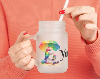 Lindo Unicornio / Frosted Mason Jar / Personalizar con su nombre / Drinkware Essential / Regalo para amigos