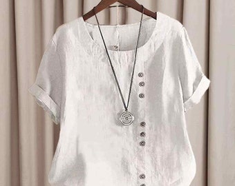 2024 Zomer Casual Linnen Katoenen Blouse Vrouwen Elegante Knop Korte Mouw Plus Size Tanic Boho Tops en Blouses Streetwear