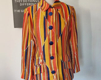 VINTAGE 1960s J. Tiktiner Côte d’Azur French linen boater jacket blazer orange yellow abstract stripes / Made in Nice France ladies M medium