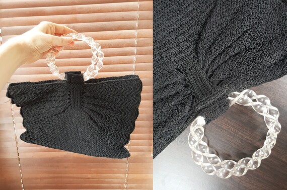 VINTAGE 1940s black corde ladies purse handbag cle