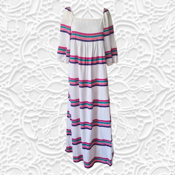 VINTAGE 1970s Marimekko Suomi-Finland cotton a-line 'Tanja' maxi dress by  designer Pentti Rinta / rare M L striped stripes pink purple green