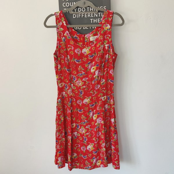 VINTAGE 1990s Dorothy Perkins red floral grunge mini dress summer garden party flowers festival / British boutique Made in England Small S