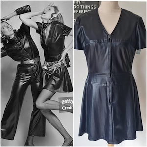 VINTAGE 1960s rare Janice Wainwright for Simon Massey black vinyl look mini dress with zip / Made in England S M space age mod