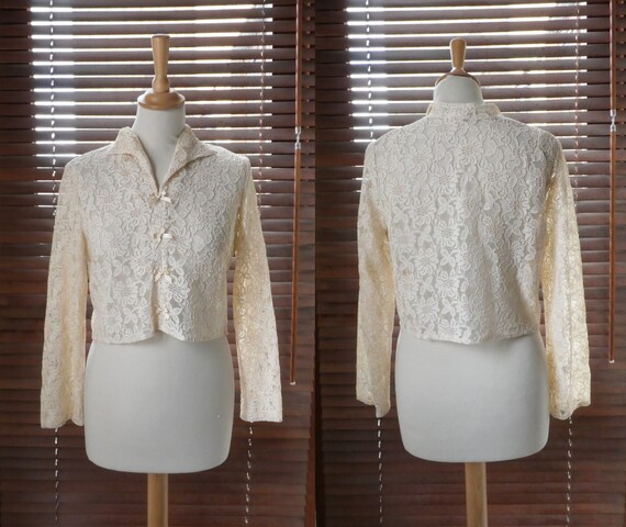 VINTAGE 1970s lace floral crop blush ladies blouse