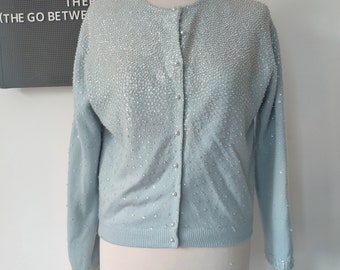 VINTAGE 1950s sequin pale blue soft wool cardigan hand beaded in Hong Kong / S small iridescent sequins beads 1960s 50s embroidered