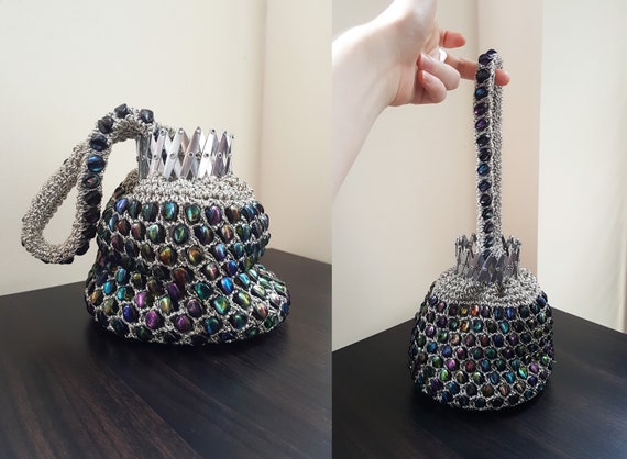 VINTAGE 1970s disco silver gemstone handbag / stud