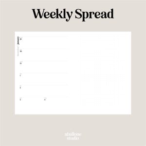 May include: A white weekly planner spread with the text "Weekly Spread" in a bold, black font. The planner includes dates from December 29 to January 4, with a dotted grid on the right side and the "aballone studio" logo at the bottom.