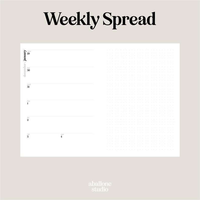 May include: A white weekly planner spread with the text "Weekly Spread" in a bold, black font. The planner includes dates from December 29 to January 4, with a dotted grid on the right side and the "aballone studio" logo at the bottom.