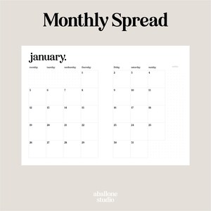 May include: A minimalist monthly planner spread for January, featuring a clean, modern design. The layout includes a calendar grid with dates and days of the week, with the text "Monthly Spread" at the top. The planner is from aballone studio.