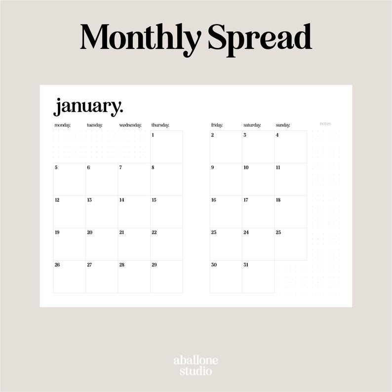 May include: A minimalist monthly planner spread for January, featuring a clean, modern design. The layout includes a calendar grid with dates and days of the week, with the text "Monthly Spread" at the top. The planner is from aballone studio.