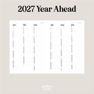 May include: A minimalist 2027 year-ahead calendar with a neutral color palette. The calendar features a clean layout with dates for January through June. The text "2027 Year Ahead" is at the top. The "aballone studio" logo is at the bottom.