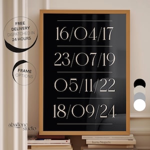 Könnte beinhalten: Schwarz-weißes minimalistisches Druckbild mit vier Daten: 16/04/17, 23/07/19, 05/11/22 und 18/09/24. Der Druck ist in einem Holzrahmen gerahmt und hängt an einer Wand.