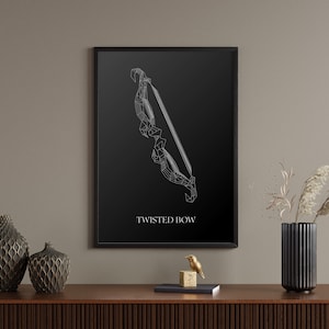 May include: A black and white geometric line art print of a twisted bow in a black frame. The print is on a black background and has the text "TWISTED BOW" below the image.