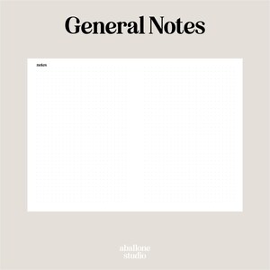 May include: A white dot grid paper with the word "notes" in the upper left corner. The words "General Notes" are at the top, and the "aballone studio" logo is at the bottom.