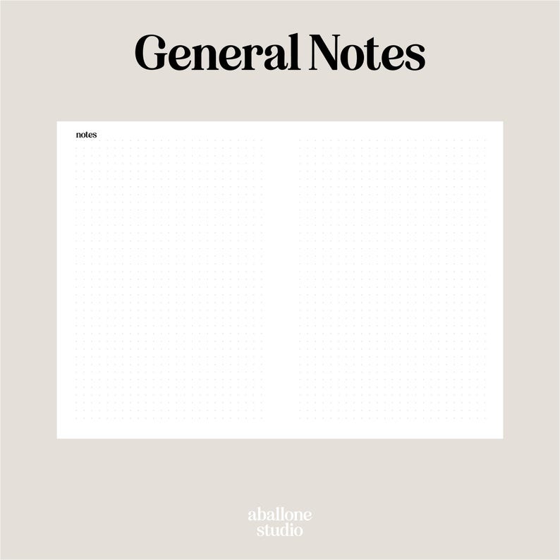 May include: A white dot grid paper with the word "notes" in the upper left corner. The words "General Notes" are at the top, and the "aballone studio" logo is at the bottom.