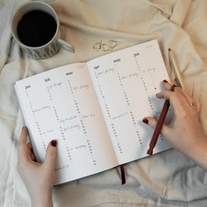 May include: An open planner with handwritten notes, a coffee mug, and a pen. The planner is open to the months of January through June, with dates and notes visible. A dark brown pen rests on the right page. A mug of coffee sits to the left.