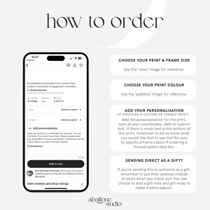 Peut inclure: Une capture d'&eacute;cran d'un t&eacute;l&eacute;phone mobile affichant une fiche produit pour une impression de coordonn&eacute;es personnalis&eacute;es. La fiche comprend des options de taille, de couleur et de personnalisation. La fiche comprend &eacute;galement des informations sur l'exp&eacute;dition, la livraison et les &eacute;valuations. Le texte &agrave; l'&eacute;cran indique "Comment commander", "Choisissez votre impression et la taille du cadre", "Choisissez la couleur de votre impression", "Ajouter votre personnalisation" et "Envoyer directement en cadeau ?"