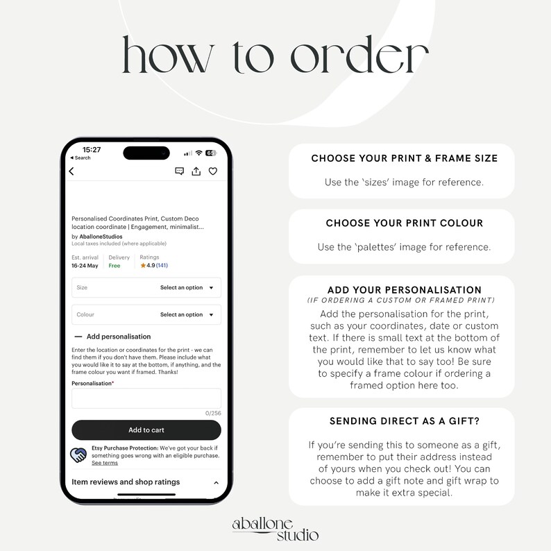 Peut inclure: Une capture d'&eacute;cran d'un t&eacute;l&eacute;phone mobile affichant une fiche produit pour une impression de coordonn&eacute;es personnalis&eacute;es. La fiche comprend des options de taille, de couleur et de personnalisation. La fiche comprend &eacute;galement des informations sur l'exp&eacute;dition, la livraison et les &eacute;valuations. Le texte &agrave; l'&eacute;cran indique "Comment commander", "Choisissez votre impression et la taille du cadre", "Choisissez la couleur de votre impression", "Ajouter votre personnalisation" et "Envoyer directement en cadeau ?"