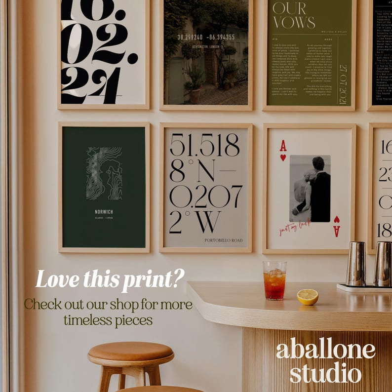 May include: A collection of framed art prints with various designs, including dates, coordinates, and a photo. The prints are displayed on a wall above a bar with a drink and lemon. The text "Love this print?" is visible.