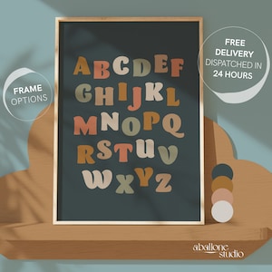 Póster del alfabeto azul marino Montessori, decoración del aula, sala de juegos, regalo para el primer cumpleaños del niño, impresión para baby shower, arte de pared educativo para niños pequeños en azul