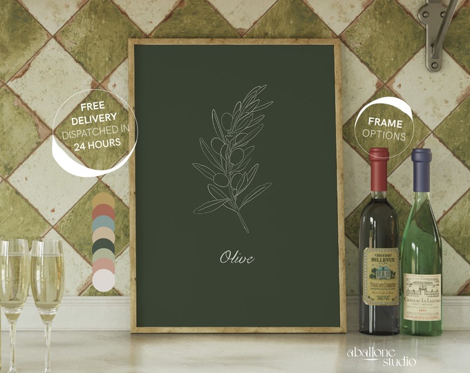 Olive Branches Food Print Olive Oil Cottage Core Decor Food Art Kitchen Decor Pasta Gifts Farmhouse Wall Decor Olive Oil Bottle