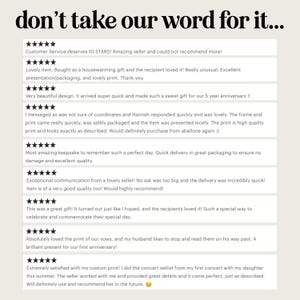 May include: Image with the text "don't take our word for it..." and customer reviews. The reviews are accompanied by a five-star rating system, praising the product's quality, customer service, and presentation.