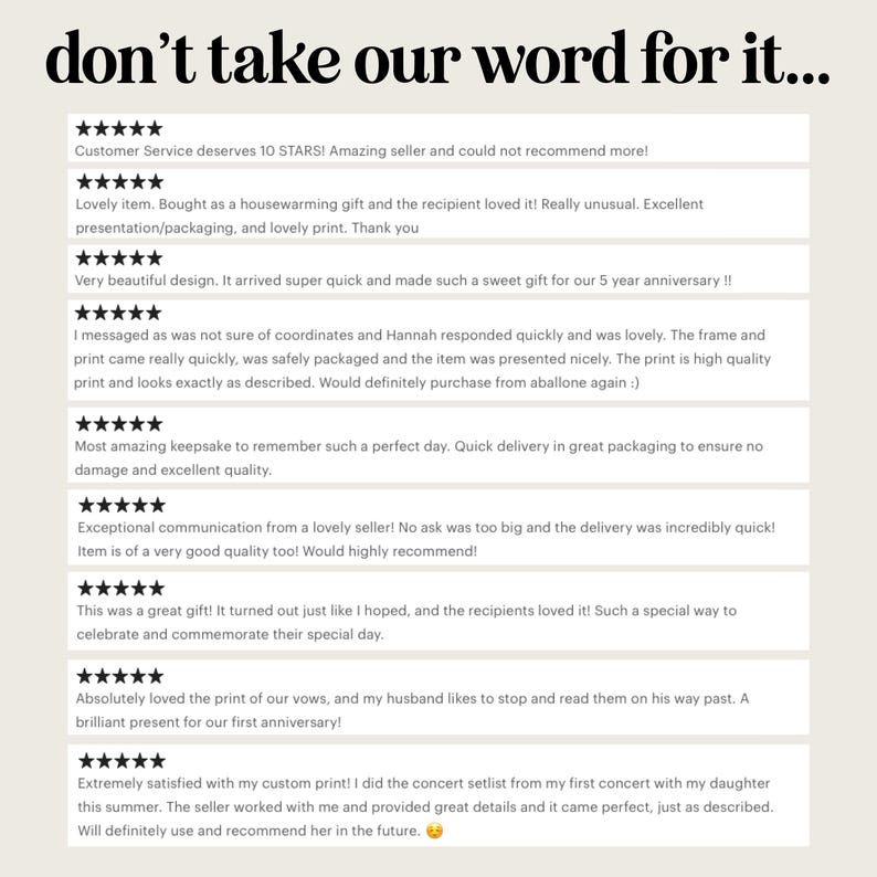 May include: Image with the text "don't take our word for it..." and customer reviews. The reviews are accompanied by a five-star rating system, praising the product's quality, customer service, and presentation.