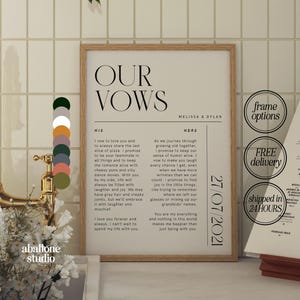 May include: A printable wedding vow template with a minimalist design. The vows are written in black text on a cream background. The text includes the names Melissa and Dylan and the date 27/07/2021. The vows are framed in a light wood frame.