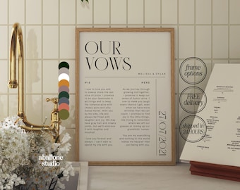 May include: A printable wedding vow template with a minimalist design. The vows are written in black text on a cream background. The text includes the names Melissa and Dylan and the date 27/07/2021. The vows are framed in a light wood frame.