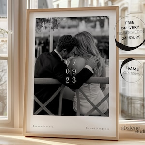 May include: Black and white wedding photo of a couple kissing. The photo is printed on a white background with the date "07 09 23" and the names "Bonbem Man" and "Mr and Mrs Jones" printed below the photo.