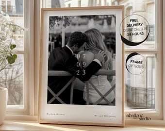 Impression photo personnalisée avec date 1er anniversaire de mariage sur papier, impression d'anniversaire, cadeau de mariage sentimental, cadeau photo de fiançailles, nouvelle maison