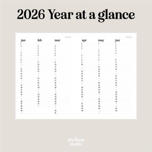 May include: A minimalist 2026 year-at-a-glance calendar in a neutral color palette. The calendar features a clean layout with months and dates, perfect for planning. The text "2026 Year at a glance" is at the top. The "aballone studio" logo is at the bottom.