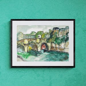 Bridge over the Seine - Original Expressionist Watercolour Painting of Bridge & River Landscape