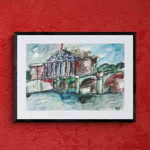 Roman Void - Original Expressionist Watercolour Painting of Bridge & River Town Landscape