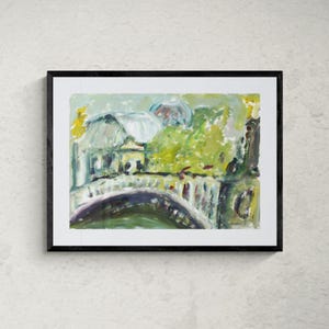 Sister River Seine - Original Expressionist Watercolour Painting of Bridge & River Town Landscape