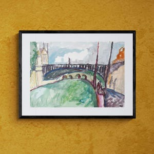 On the Side of the Seine - Original Expressionist Watercolour Painting of Bridge & River Landscape